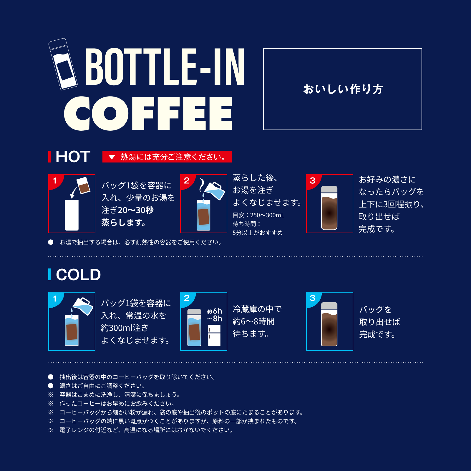 ボトルインコーヒーのおいしい作り方。ホットとコールドの抽出手順および注意事項を示した図