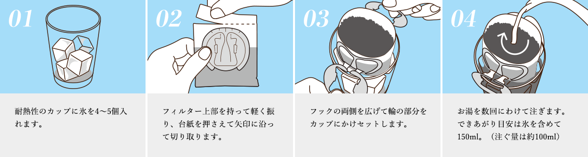 1 耐熱カップに牛乳80mlを入れ、レンジ（600W 約30秒）で温めます。 2 フィルター上部を持って軽く振り、台紙を押さえて矢印に沿って切り取ります。 3 フックの両側を広げて輪の部分をカップにかけセットします。 4 お湯を数回にわけて注ぎます。できあがり目安は牛乳を含めて150ml。（注ぐ量は約90ml）